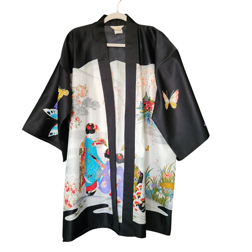 Vtg ICHI BAN Kimono Robe Made In Japan Geisha Butterfly Black Floral OS